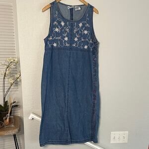 Vintage 90s Denim Dress Midi Side Buttons Floral Embroidery Jumper Overall Large